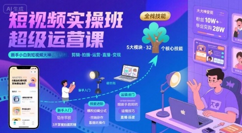 短视频实操班超级运营课，新手小白到短视频大神必修课程，剪辑-拍摄-运营-直播-变现