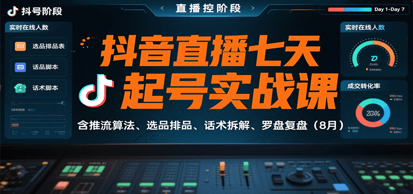 抖音直播七天起号实战课：含推流算法、选品排品、话术拆解、罗盘复盘(8月) - A5资源网
