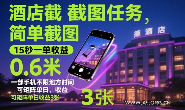 酒店截图任务，简单截图，15秒一单收益0.6米，一部手机不限地方时间，可矩阵单日收益3张【揭秘】-小红泡