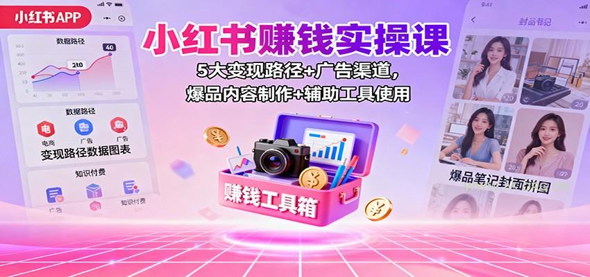 小红书赚钱实操课：5大变现路径+广告渠道，爆品内容制作+辅助工具使用-小红泡