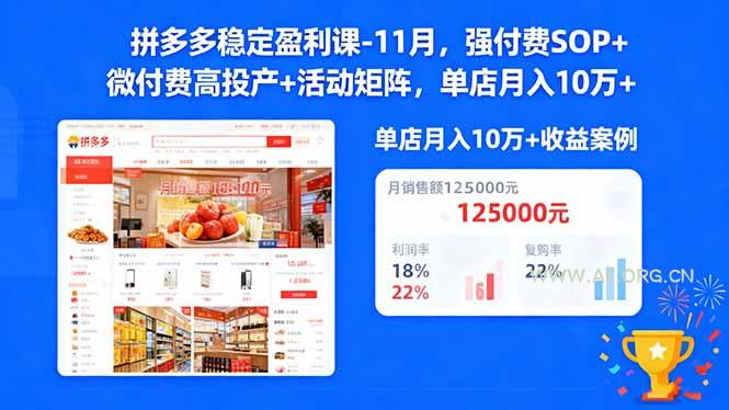 拼多多稳定盈利课-11月,强付费SOP+微付费高投产+活动矩阵,单店月入10万+-小红泡