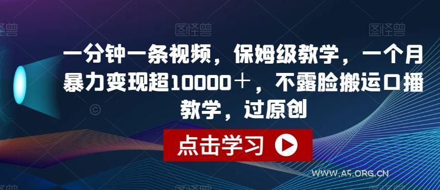 一分钟一条视频,保姆级教学,一个月暴力变现超10000+,不露脸搬运口播教学,过原创-小红泡