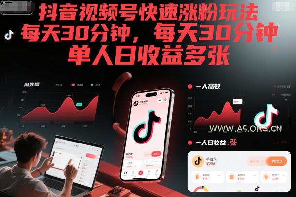 抖音视频号快速涨粉玩法,每天30分钟,单人日收益多张-小红泡