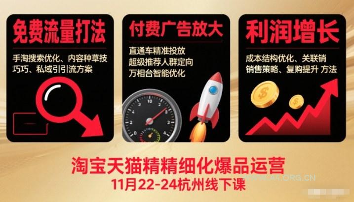 淘宝天猫精细化爆品运营11月22-24杭州线下课,免费流量打法+付费广告放大+利润增长(音频+文档)-小红泡
