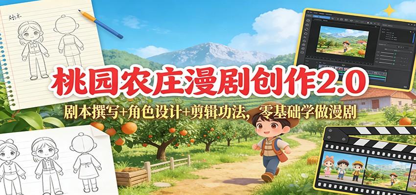 桃园农庄漫剧创作2.0：剧本撰写+角色设计+剪辑功法，零基础学做漫剧-小红泡
