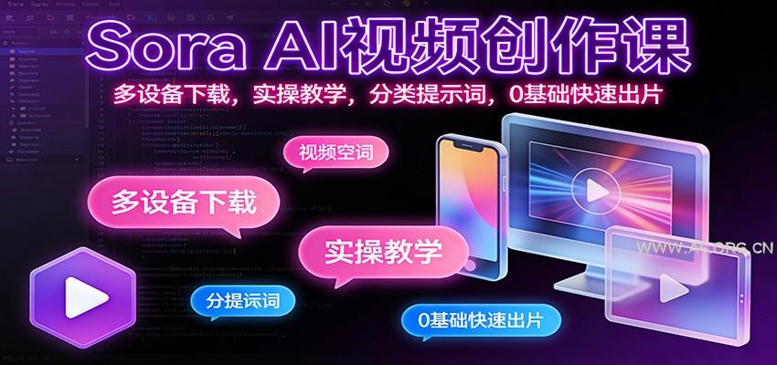 Sora AI视频创作课：多设备下载，实操教学，分类提示词，0基础快速出片-小红泡