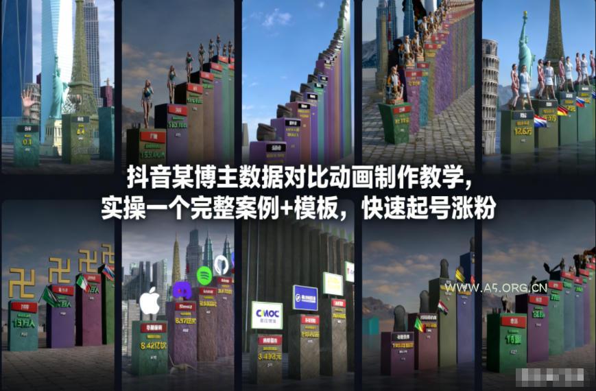 抖音某博主数据对比动画制作教学,实操完整案例+模板,快速起号涨粉-小红泡