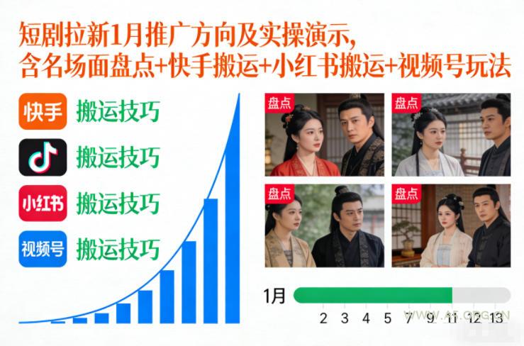 短剧拉新1月推广方向及实操演示,含名场面盘点+快手搬运+小红书搬运+视频号玩法-小红泡