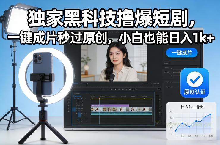 独家黑科技撸爆短剧,一键成片秒过原创,小白也能日入1k+【揭秘】-小红泡