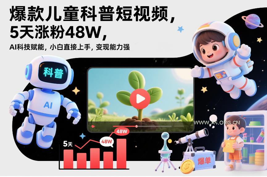 爆款儿童科普短视频,5天涨粉48W,AI科技赋能,小白直接上手,变现能力强,橱窗带货爆单不停-小红泡
