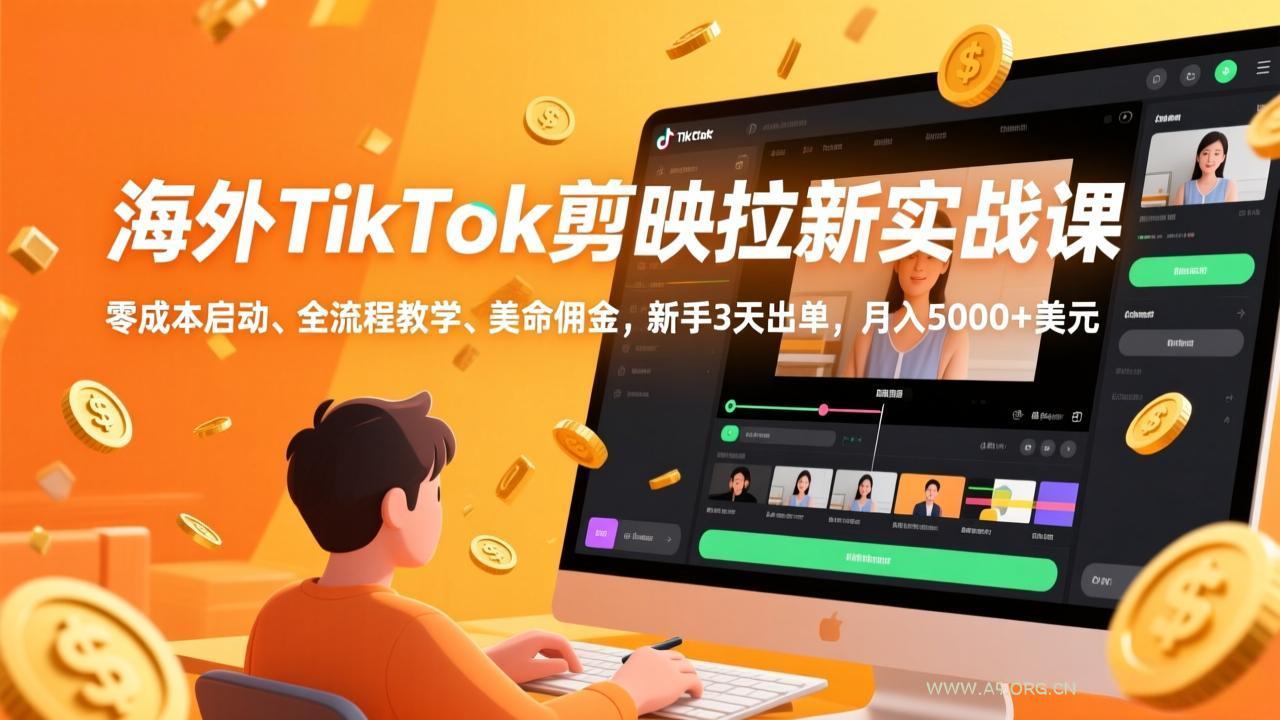海外TikTok剪映拉新实战课,零成本启动、全流程教学、美金佣金,新手3天出单,月入5000+美元-小红泡