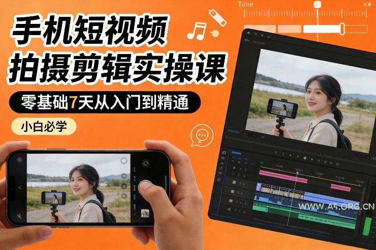 手机短视频拍摄剪辑实操课，零基础7天从入门到精通，小白必学-小红泡