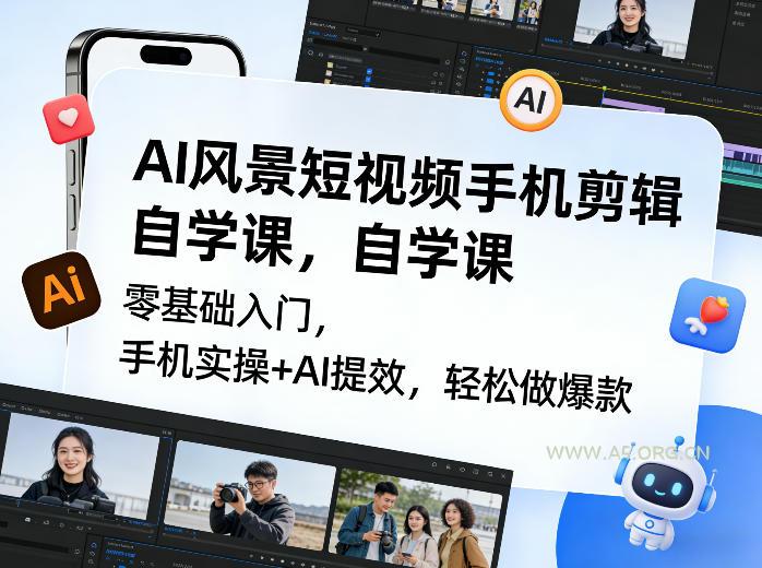 AI风景短视频手机剪辑自学课,零基础入门,手机实操+AI提效,轻松做爆款-小红泡