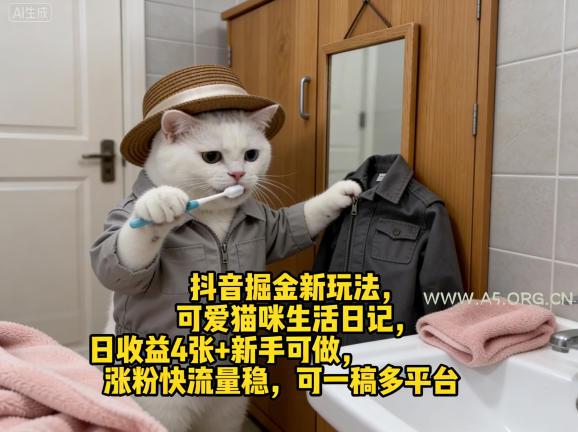 抖音掘金新玩法，可爱猫咪生活日记，日收益4张+新手可做，涨粉快流量稳，可一稿多平台-小红泡