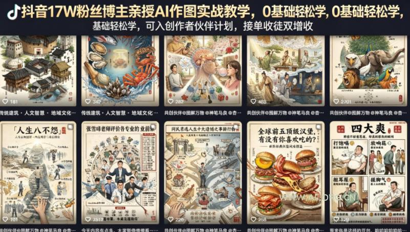 抖音17W粉丝博主亲授AI作图实战教学,0基础轻松学,可入创作者伙伴计划,接单收徒双增收-小红泡