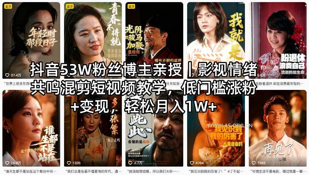 抖音53W粉丝博主亲授|影视情绪共鸣混剪短视频教学,低门槛涨粉+变现,轻松月入1W+-小红泡