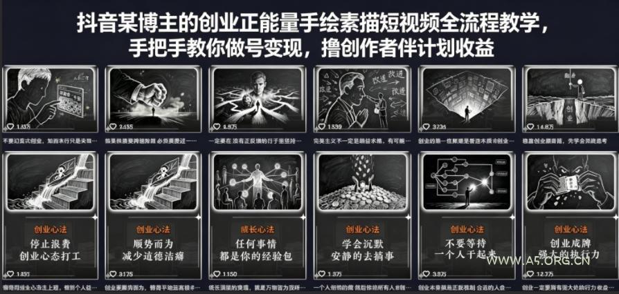 抖音某博主的创业正能量手绘素描短视频全流程教学,手把手教你做号变现,撸创作者伙伴计划收益-小红泡