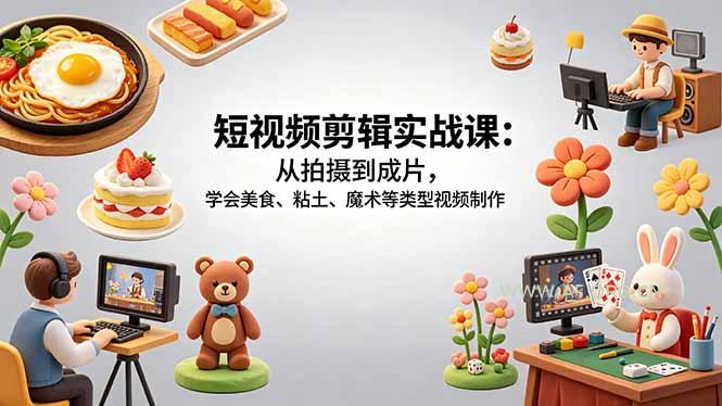 短视频剪辑实战课:从拍摄到成片,学会美食、粘土、魔术等类型视频制作-小红泡