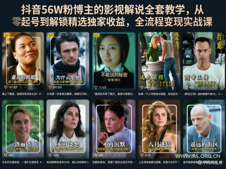 抖音56W粉博主的影视解说全套教学,从零起号到解锁精选独家收益,全流程变现实战课-小红泡