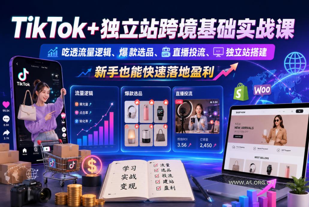 TikTok+独立站跨境基础实战课,吃透流量逻辑、爆款选品、直播投流与独立站搭建,新手也能快速落地盈利-小红泡