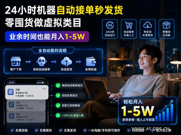 24小时机器自动接单秒发货，零囤货做虚拟类目，业余时间也能月入1-5W【揭秘】-小红泡