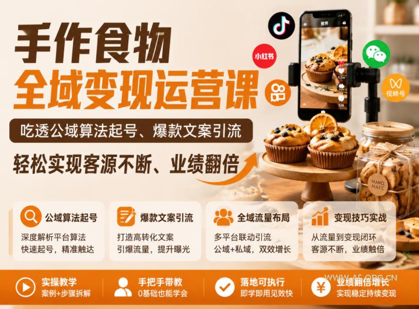 手作食物全域变现运营课，吃透公域算法起号、爆款文案引流，轻松实现客源不断、业绩翻倍-小红泡