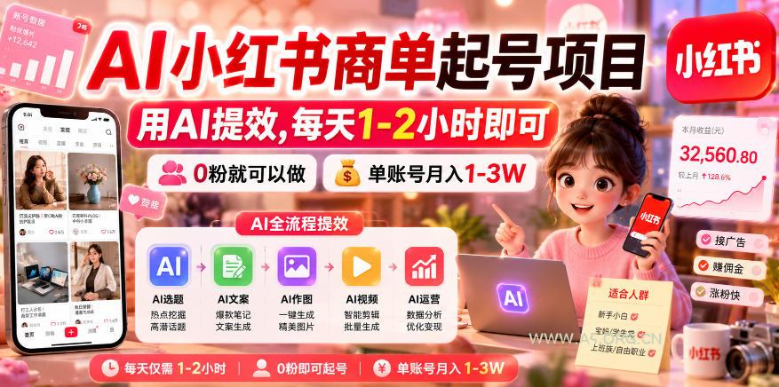 AI小红书商单起号项目，用AI提效,每天1-2小时即可，0粉就可以做，单账号月入1-3W-小红泡