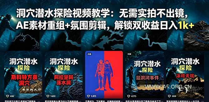 洞穴潜水探险视频教学：无需实拍不出镜，AE素材重组+氛围剪辑，解锁双收益日入1k+-小红泡