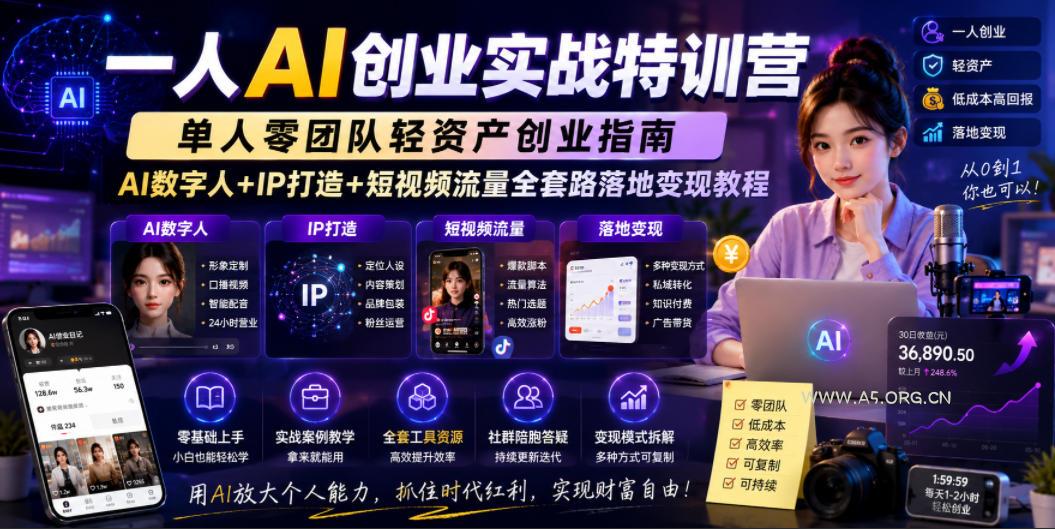 一人AI创业实战特训营,单人零团队轻资产创业指南,AI数字人+IP打造+短视频流量全套路落地变现教程-小红泡