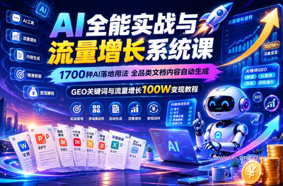 AI全能实战与流量增长系统课，1700种AI落地用法，全品类文档内容自动生成，GEO关键词与流量增长100W变现教程-小红泡