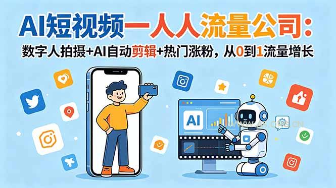 AI短视频一人流量公司:数字人拍摄+AI自动剪辑+热门涨粉,从0到1流量增长-小红泡