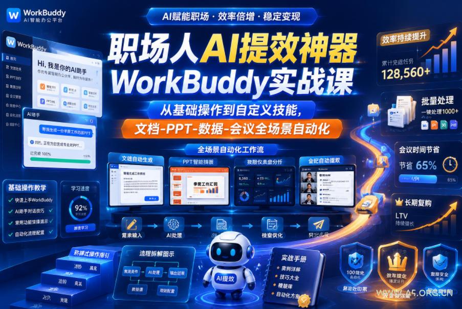 职场人AI提效神器WorkBuddy实战课,从基础操作到自定义技能,文档-PPT-数据-会议全场景自动化-小红泡