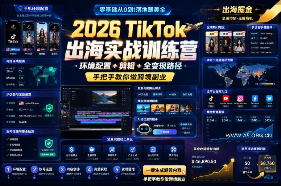 2026 TikTok出海实战训练营，环境配置 + 剪辑 + 全变现路径，手把手教你做跨境副业-小红泡