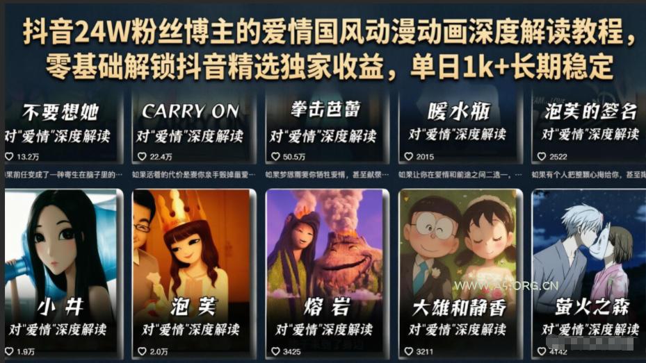 抖音24W粉丝博主的爱情国风动漫动画深度解读教程,零基础解锁抖音精选独家收益,单日1k+长期稳定-小红泡