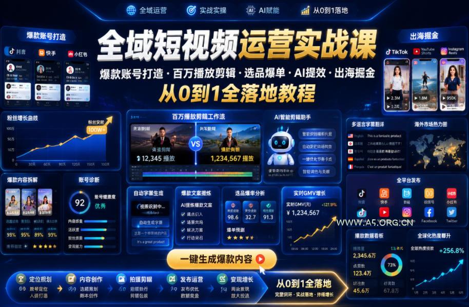 全域短视频运营实战课,爆款账号打造・百万播放剪辑・选品爆单・AI提效・出海掘金,从0到1全落地教程-小红泡