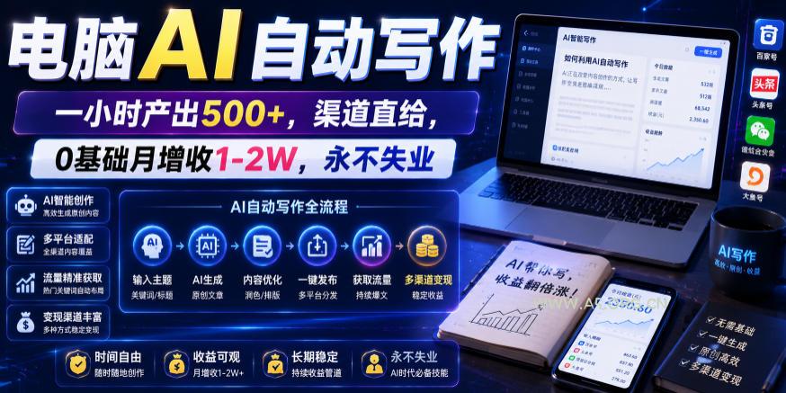 电脑AI自动写作，一小时产出500+，渠道直给，0基础月增收1-2W，永不失业【揭秘】-小红泡