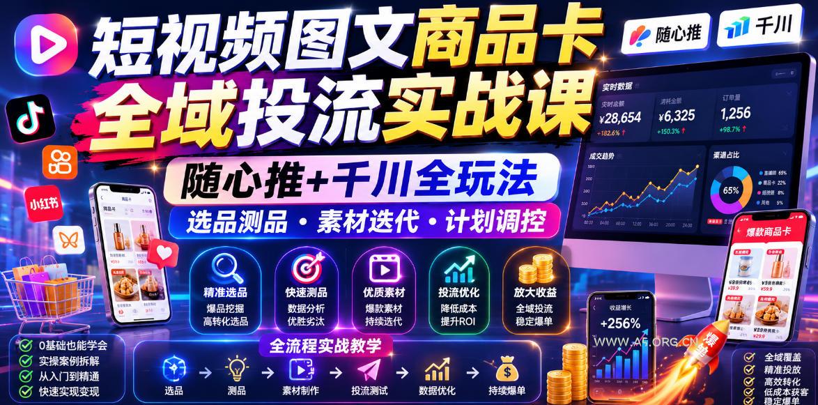 短视频图文商品卡全域投流实战课,随心推+千川全玩法,选品测品・素材迭代・计划调控,提升ROI爆单增收教程-小红泡