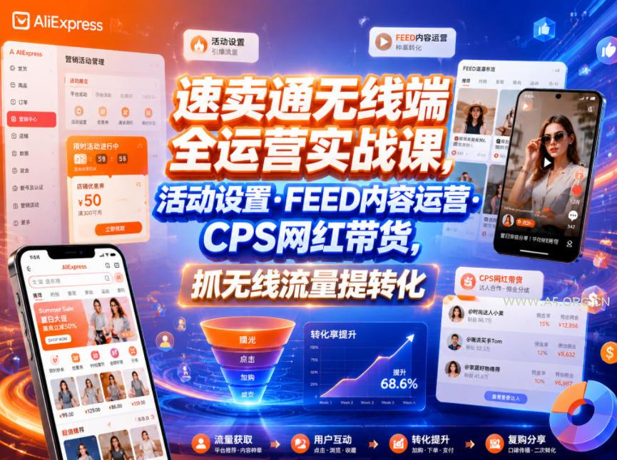 速卖通无线端全运营实战课,活动设置・FEED内容运营・CPS网红带货,抓无线流量提转化-小红泡
