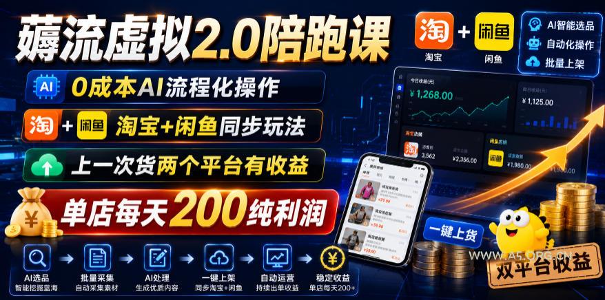薅流虚拟2.0陪跑课,0成本AI流程化操作,淘宝+闲鱼同步玩法,上一次货两个平台有收益,单店每天200纯利润-小红泡