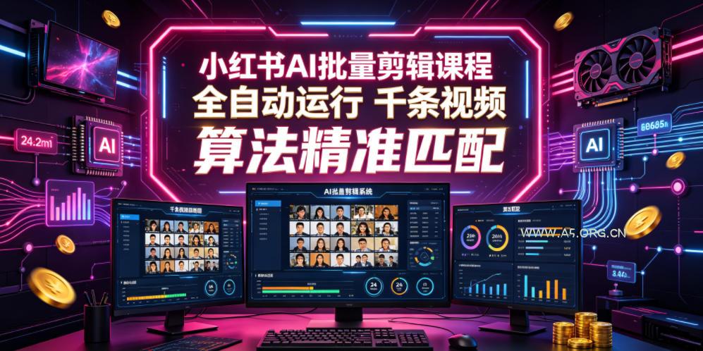 小红书AI批量剪辑课程,24小时全自动运行,解放双手专注运营,千条视频批量处理,小红书算法精准匹配-小红泡
