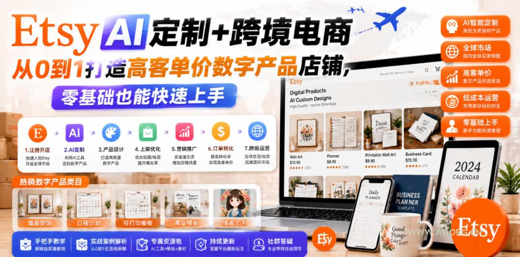 Etsy AI定制+跨境电商,从0到1打造高客单价数字产品店铺,零基础也能快速上手-小红泡