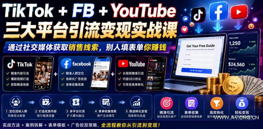 TikTok+FB+YouTube三大平台引流变现实战课,通过社交媒体获取销售线索,别人填表单你賺钱【原创双语字幕】-小红泡