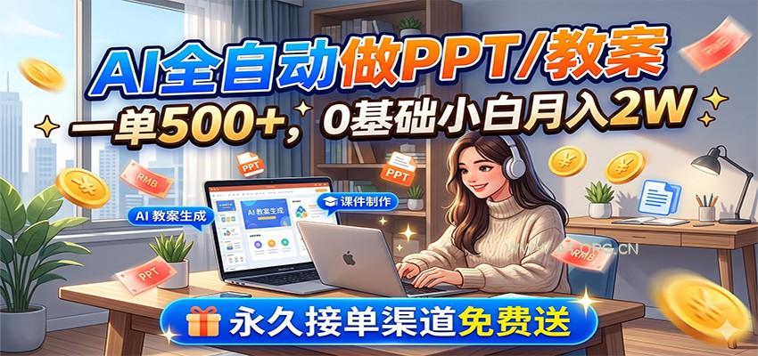 AI全自动做PPT/教案，一单500+，0基础小白月入2W，永久接单渠道免费送-小红泡