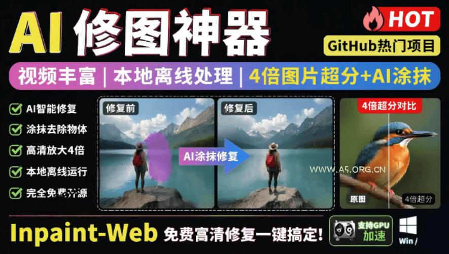 本地离线处理，4倍图片超分+AI涂抹去水印！Github上热门神器，免费高清修复图一键搞定！Inpaint-Web-小红泡