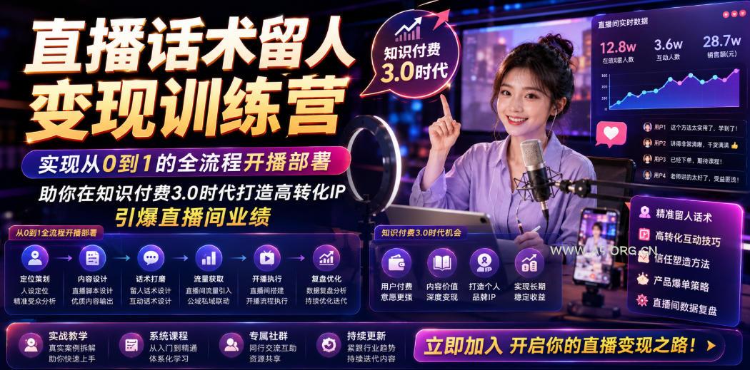 直播话术留人变现训练营，实现从0到1的全流程开播部署，助你在知识付费3.0时代打造高转化IP，引爆直播间业绩-小红泡