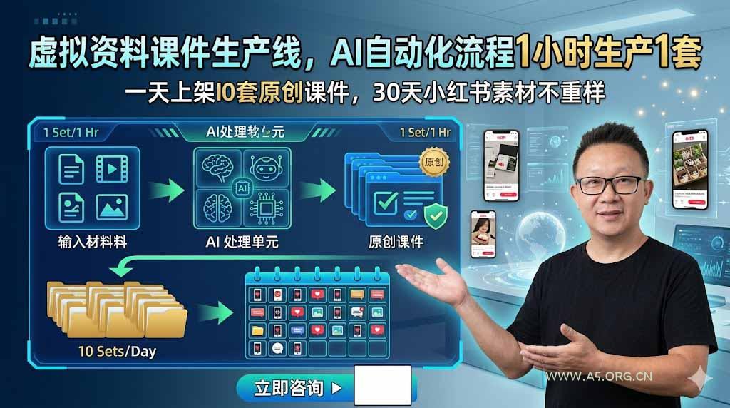 虚拟资料课件生产线，AI自动化流程1小时生产1套，一天上架10套原创课件，30天小红书素材不重样-小红泡