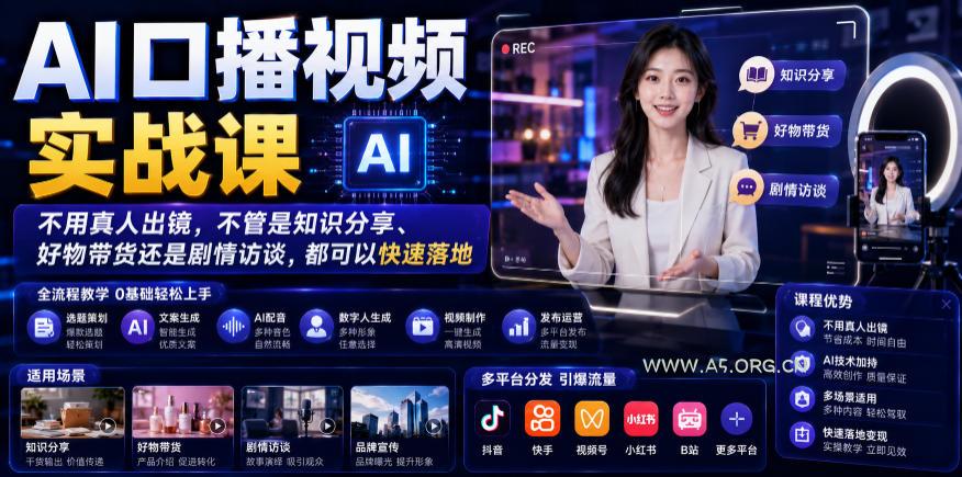AI口播视频实战课，不用真人出镜，不管是知识分享、好物带货还是剧情访谈，都可以快速落地-小红泡