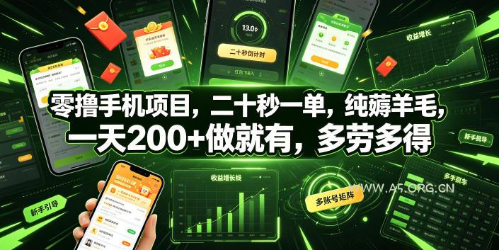 零撸手机项目，二十秒一单，纯薅羊毛，一天200+做就有，多劳多得【揭秘】-小红泡
