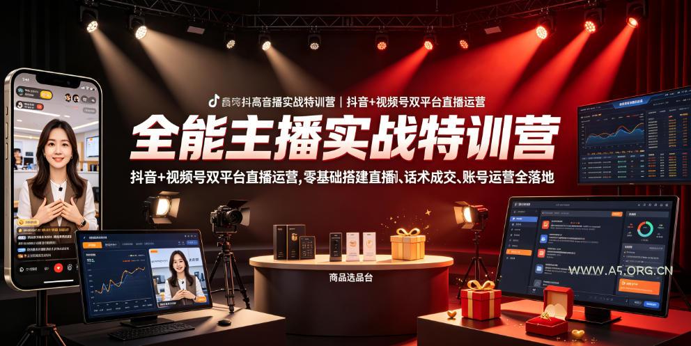 全能主播实战特训营|抖音+视频号双平台直播运营,零基础搭建直播间、精准选品、话术成交、账号运营全落地-小红泡