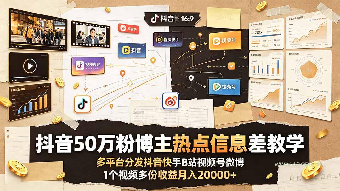 抖音50万粉博主热点信息差教学:多平台分发抖音快手B站视频号微博,1个视频多份收益月入20000+-小红泡